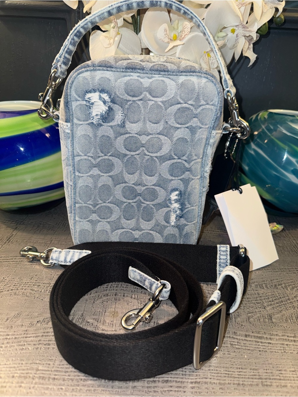 NWT $420 Coach Light Blue Denim Signature Crossbody Messenger 4 Hang Tags 🔑 🎲